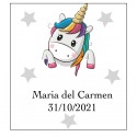 Sticker coeurs licorne carré personnalisé avec nom et date