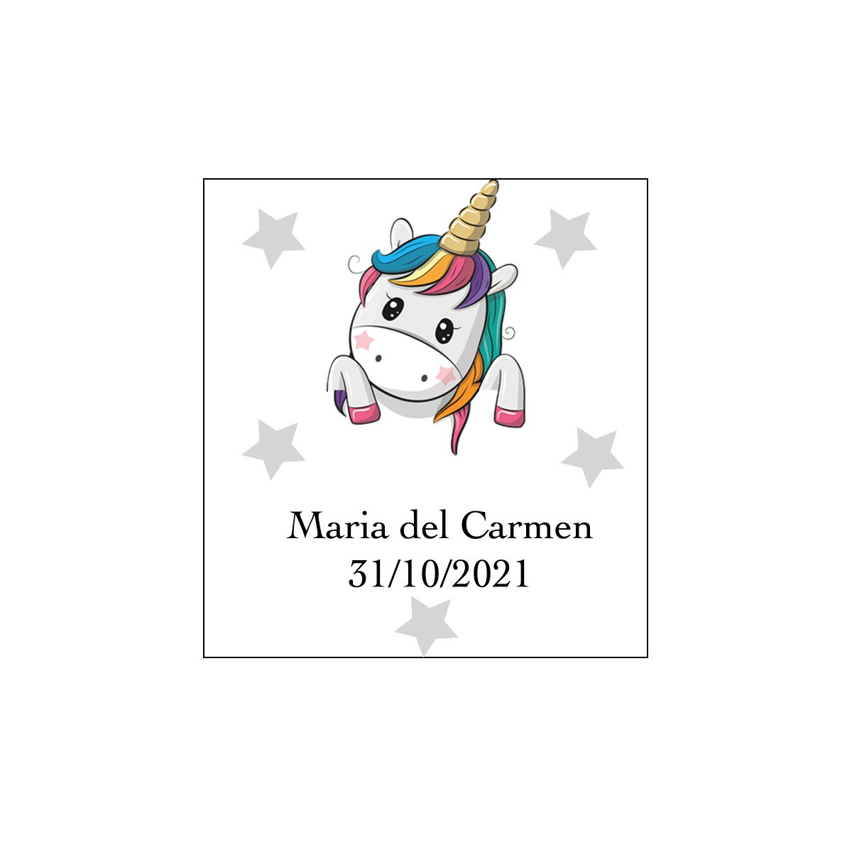 Autocollant licorne cœurs carré personnalisé avec nom et date pour mariages, baptêmes, communions, anniversaires et entreprises