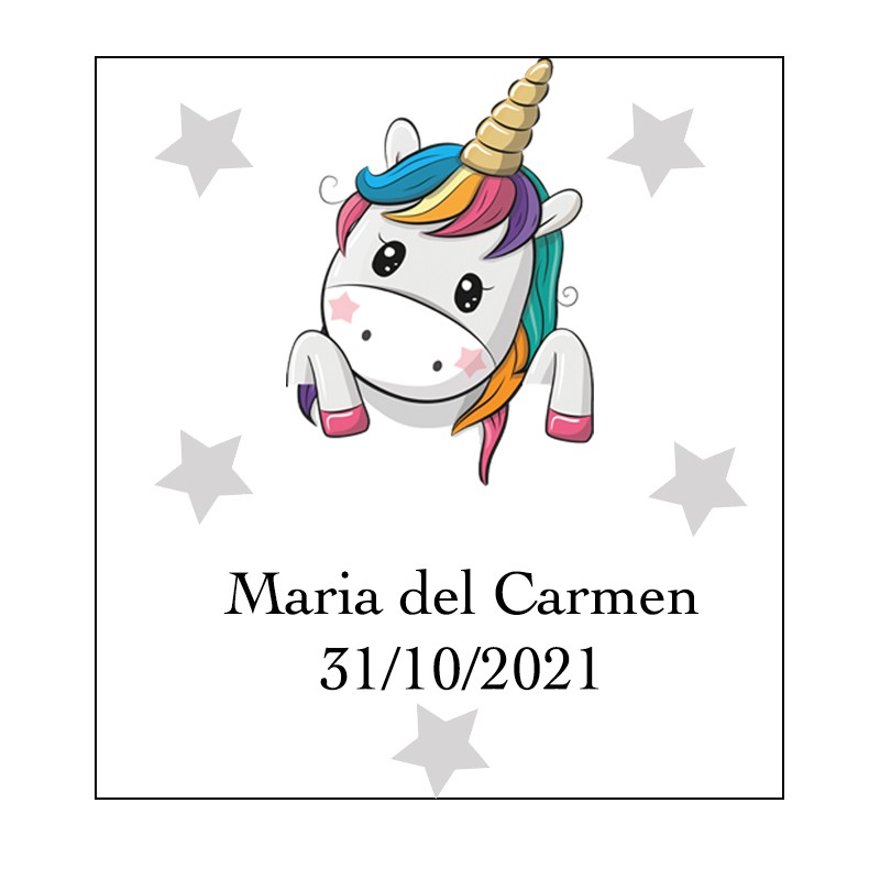 Autocollant licorne cœurs carré personnalisé avec nom et date pour mariages, baptêmes, communions, anniversaires et entreprises