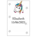 Grand autocollant coeur licorne personnalisé avec nom et date pour mariages, baptêmes, communions, anniversaires et entreprises.