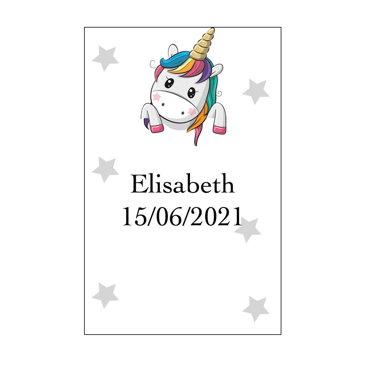 Grand autocollant coeur licorne personnalisé avec nom et date pour mariages, baptêmes, communions, anniversaires et entreprises.