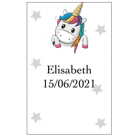Grand autocollant coeur licorne personnalisé avec nom et date pour mariages, baptêmes, communions, anniversaires et entreprises.