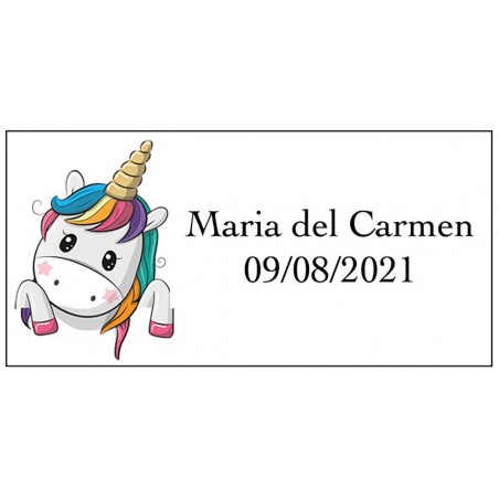 Sticker coeurs licorne rectangulaire personnalisé avec nom et date