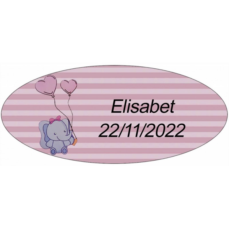 Sticker éléphant rose ovale personnalisé pour baptême