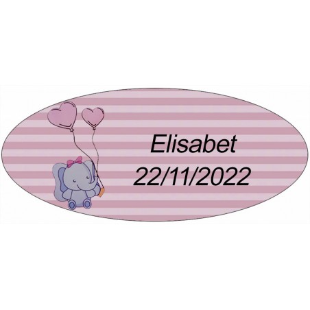 Sticker éléphant rose ovale personnalisé pour baptême