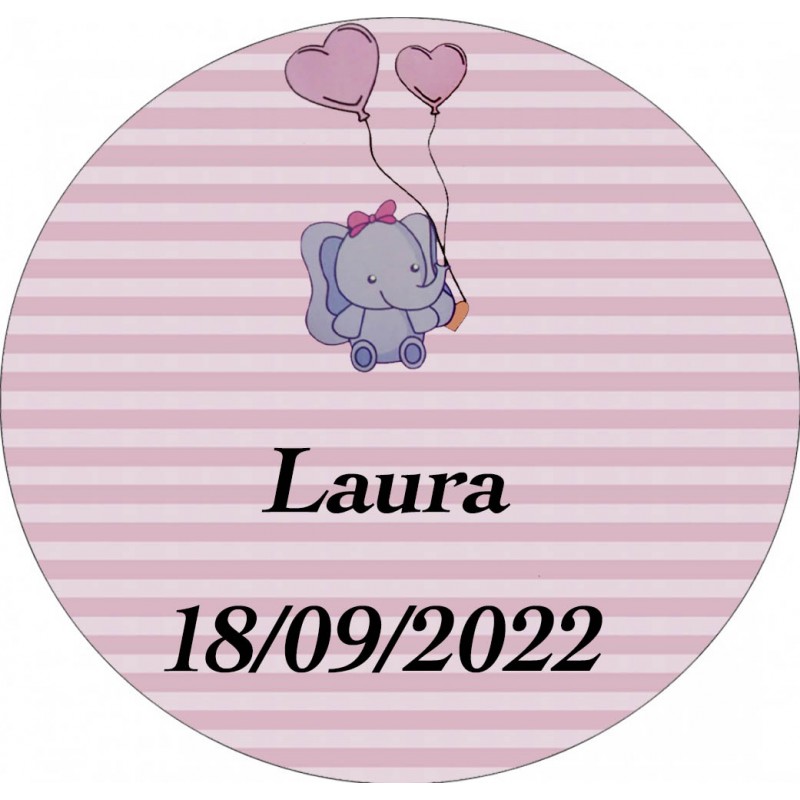 Sticker éléphant rose rond personnalisé pour le baptême