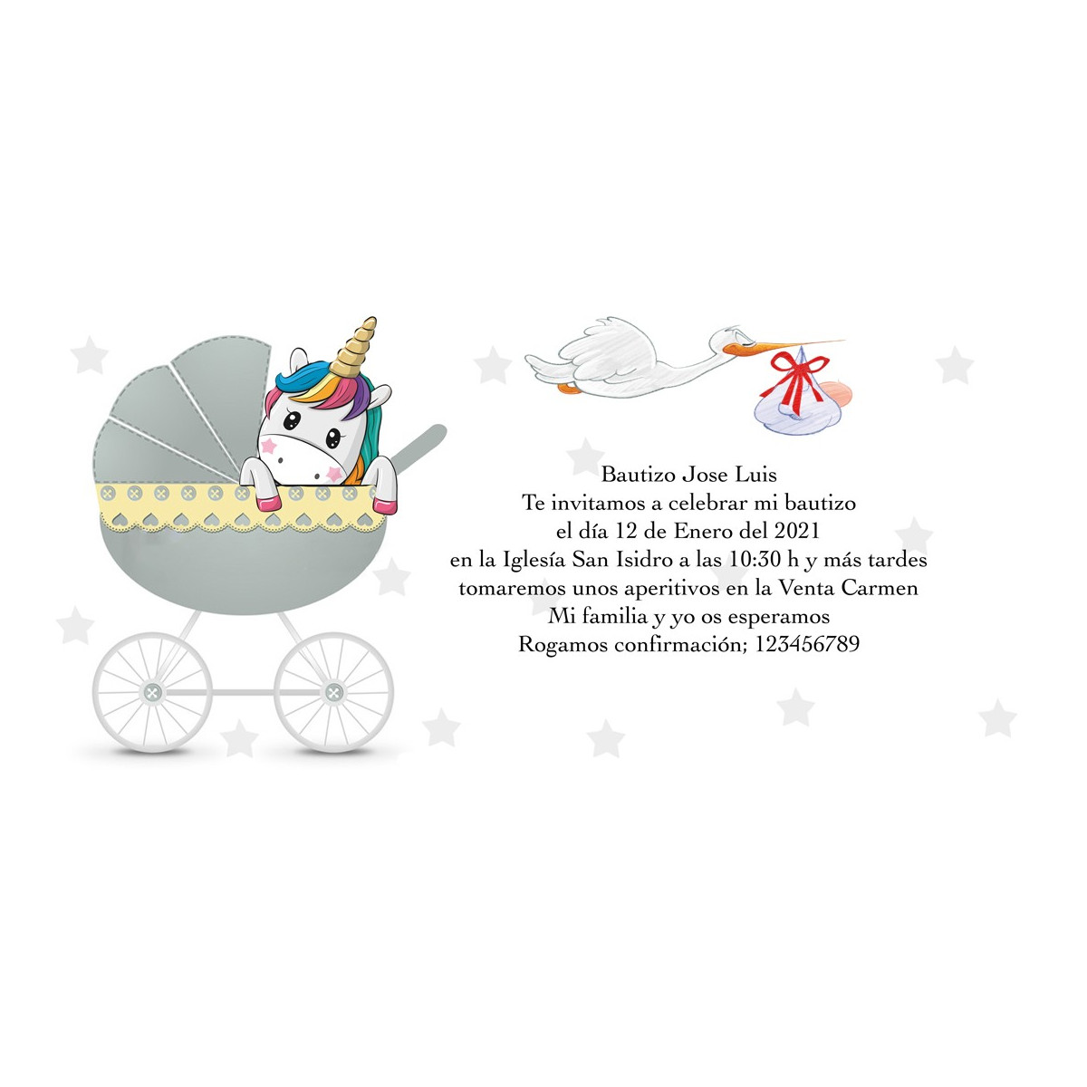 Invitations de baptême licorne personnalisées
