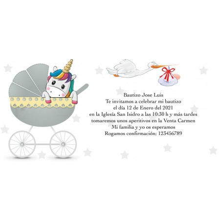 Invitations de baptême licorne personnalisées
