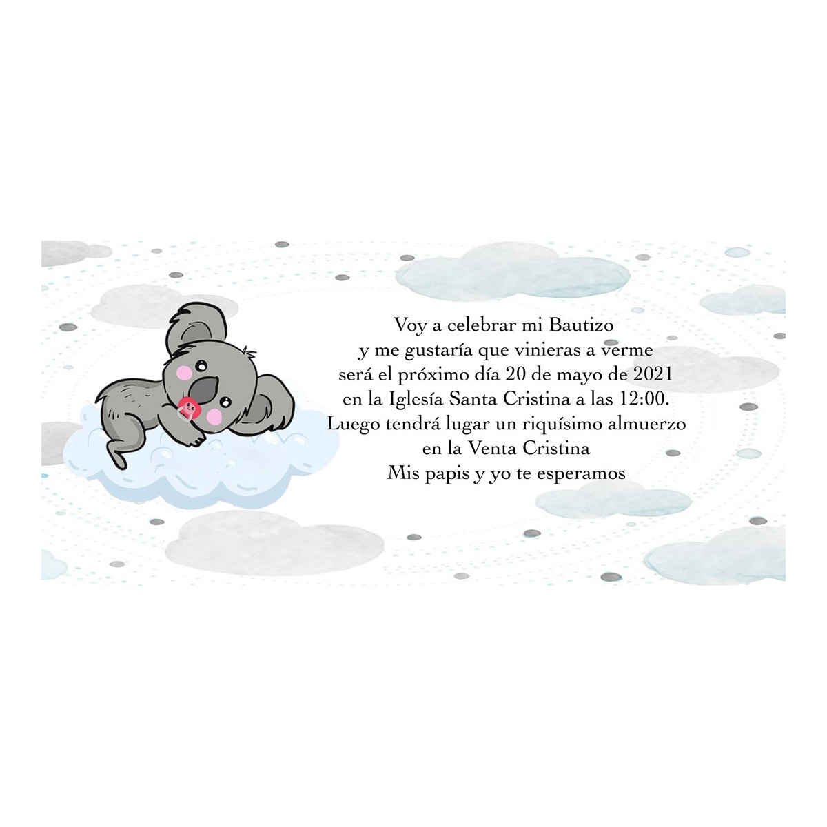 Invitations de baptême koala personnalisées