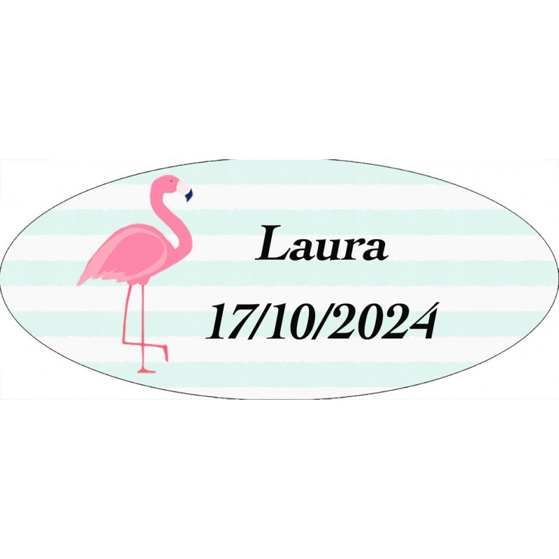 Sticker flamenco ovale personnalisé avec nom et date
