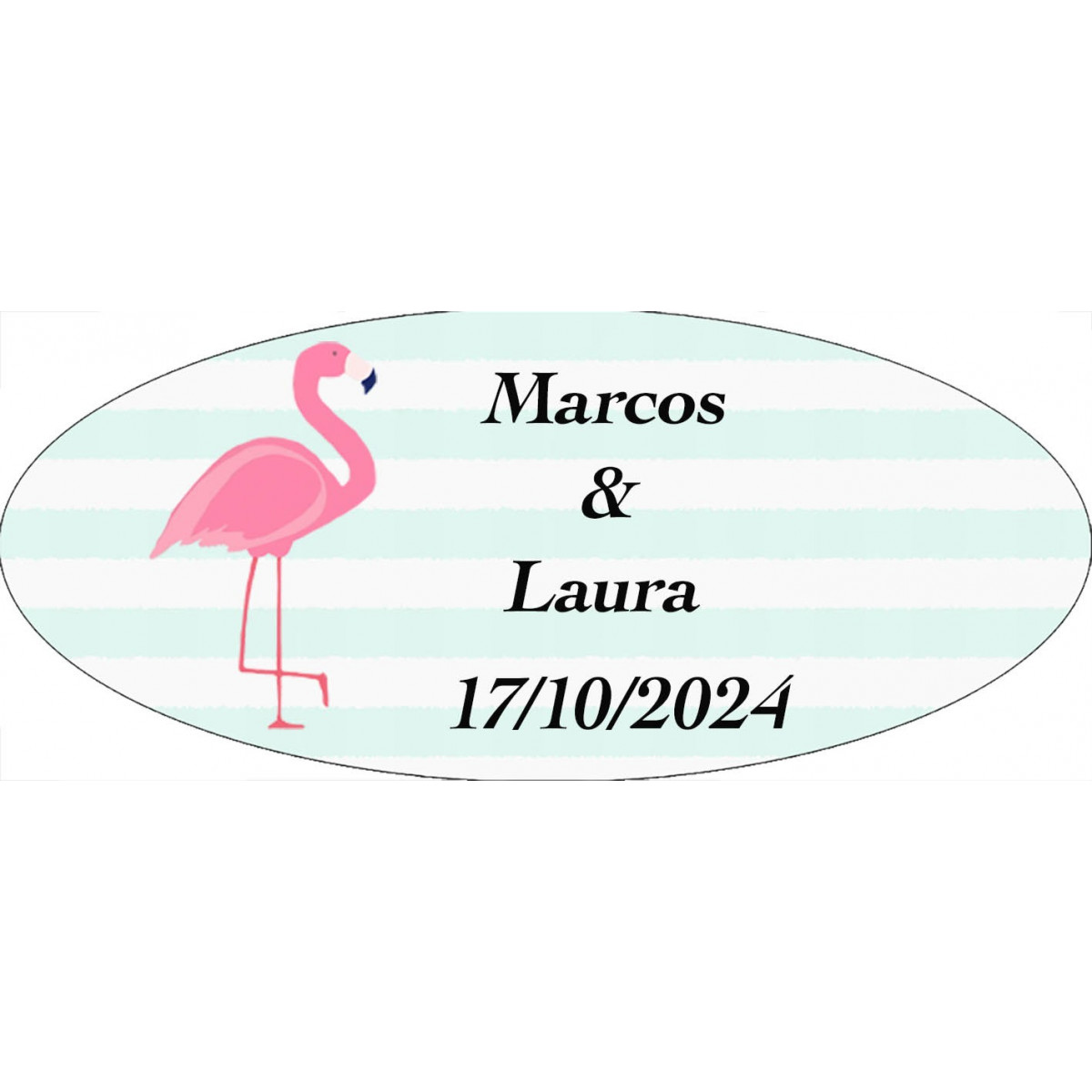 Autocollant flamant rose ovale personnalisé pour mariage