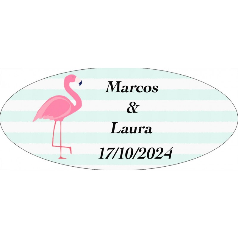 Autocollant flamant rose ovale personnalisé pour mariage