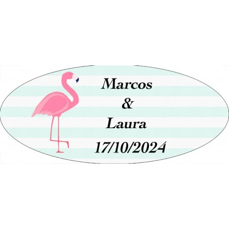 Autocollant flamant rose ovale personnalisé pour mariage