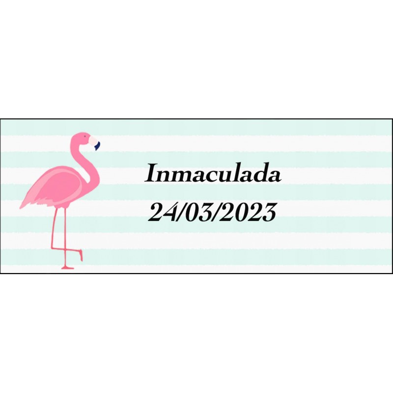 Autocollant flamant rose rectangulaire personnalisé pour nom et date