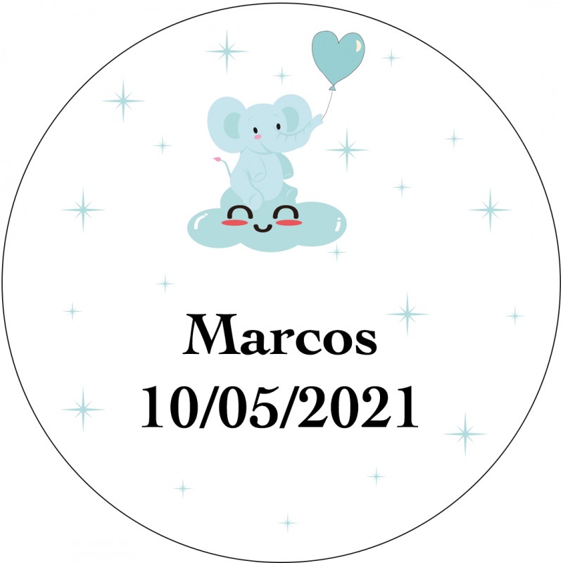 Sticker rond éléphant bleu personnalisé pour baptême ou baby shower