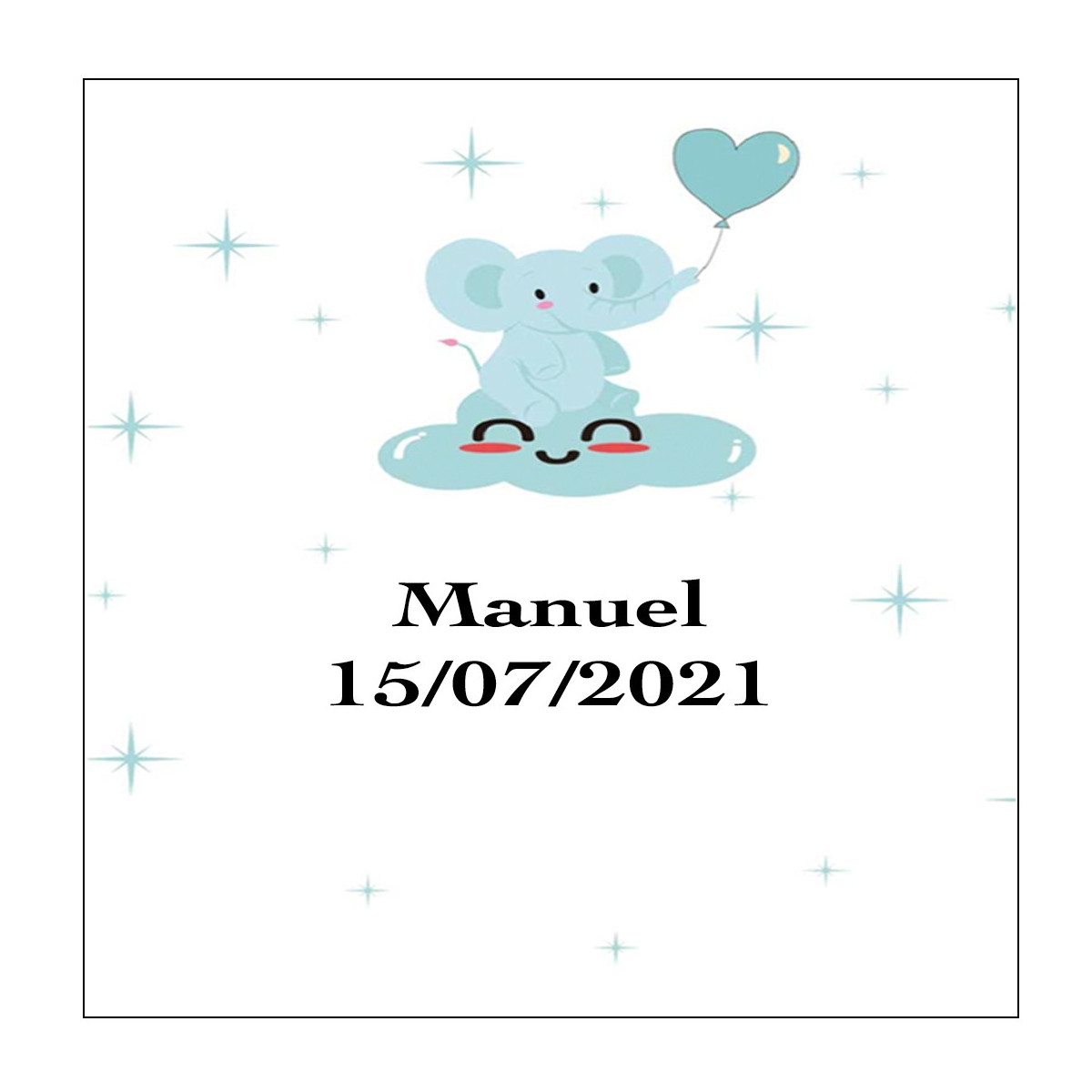 Sticker éléphant bleu carré personnalisé pour baptême