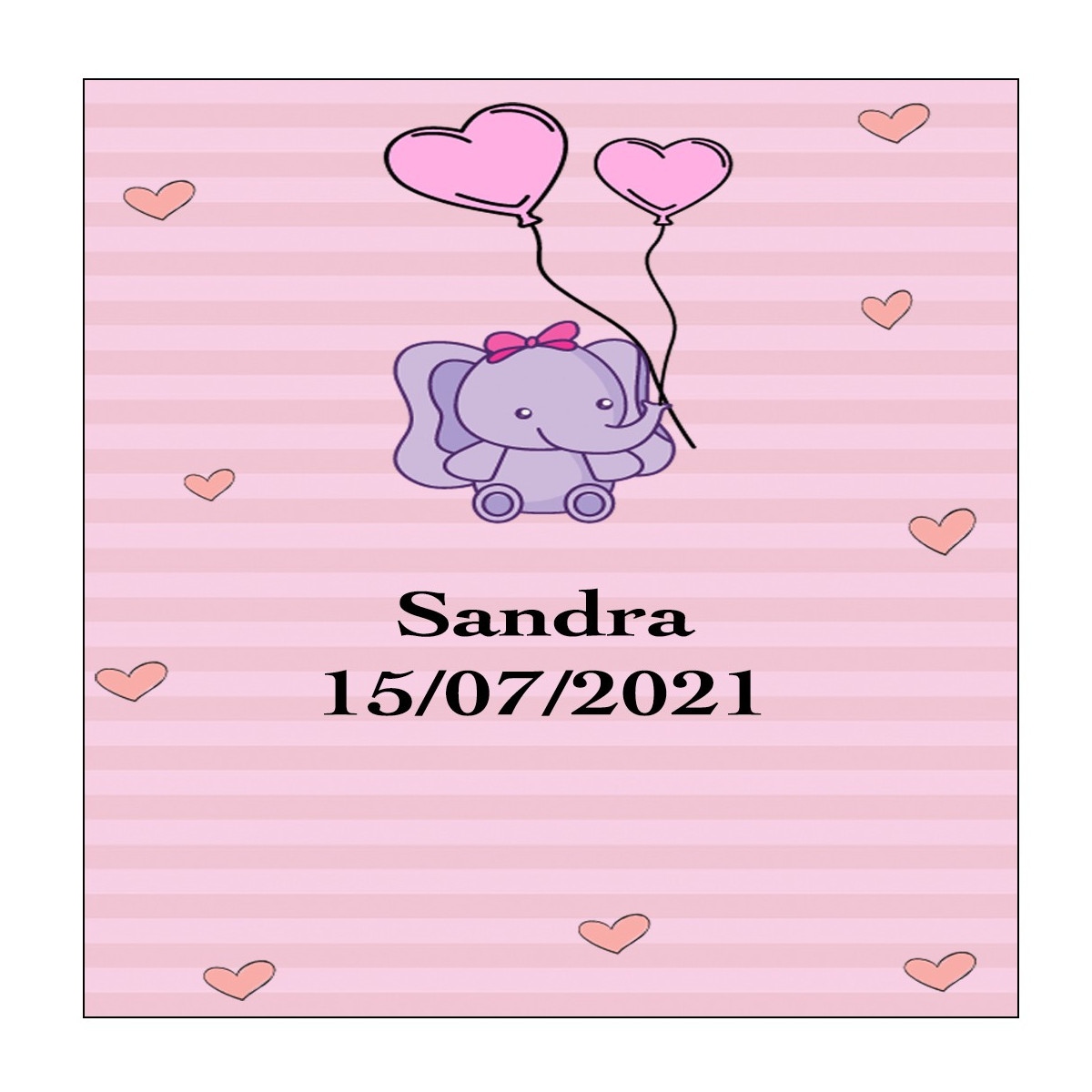 Sticker éléphant rose carré personnalisé pour baptême