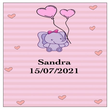 Sticker éléphant Rose, Carré Personnalisé Pour Baptême