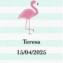 Adhésif flamant rose carré personnalisé avec nom et date pour les mariages, baptêmes, communions, anniversaires et entreprises.