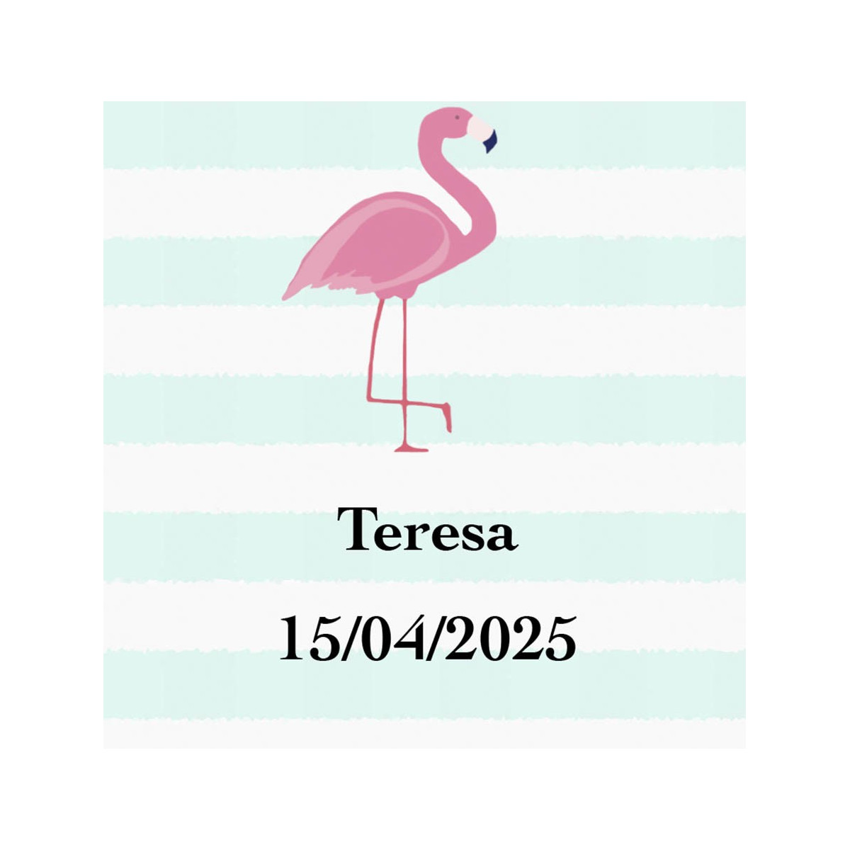 Adhésif flamant rose carré personnalisé avec nom et date pour les mariages, baptêmes, communions, anniversaires et entreprises.