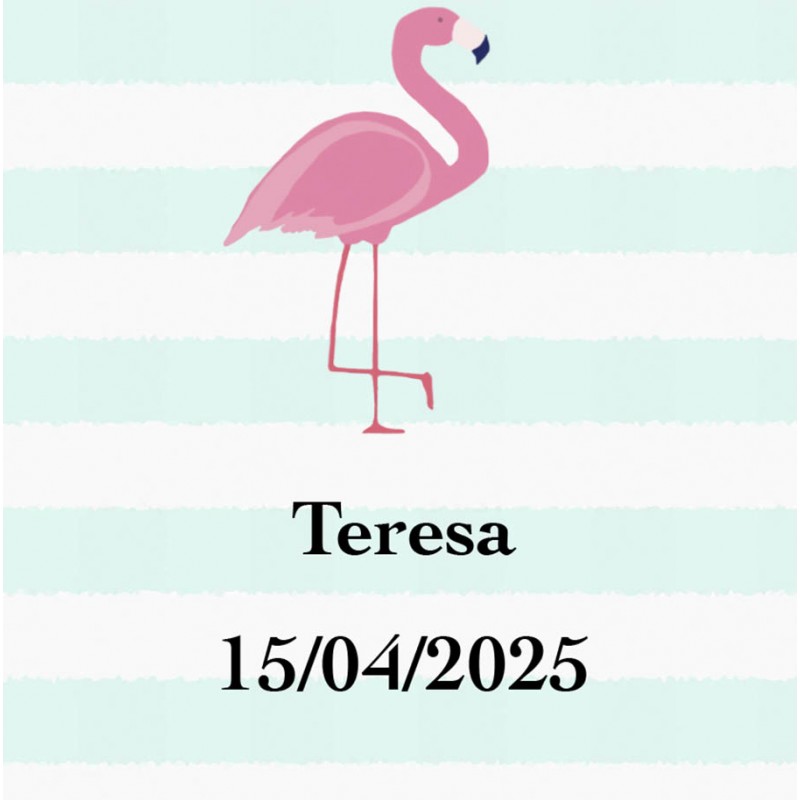 Adhésif flamant rose carré personnalisé avec nom et date pour les mariages, baptêmes, communions, anniversaires et entreprises.