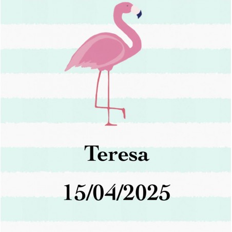 Adhésif flamant rose carré personnalisé avec nom et date pour les mariages, baptêmes, communions, anniversaires et entreprises.