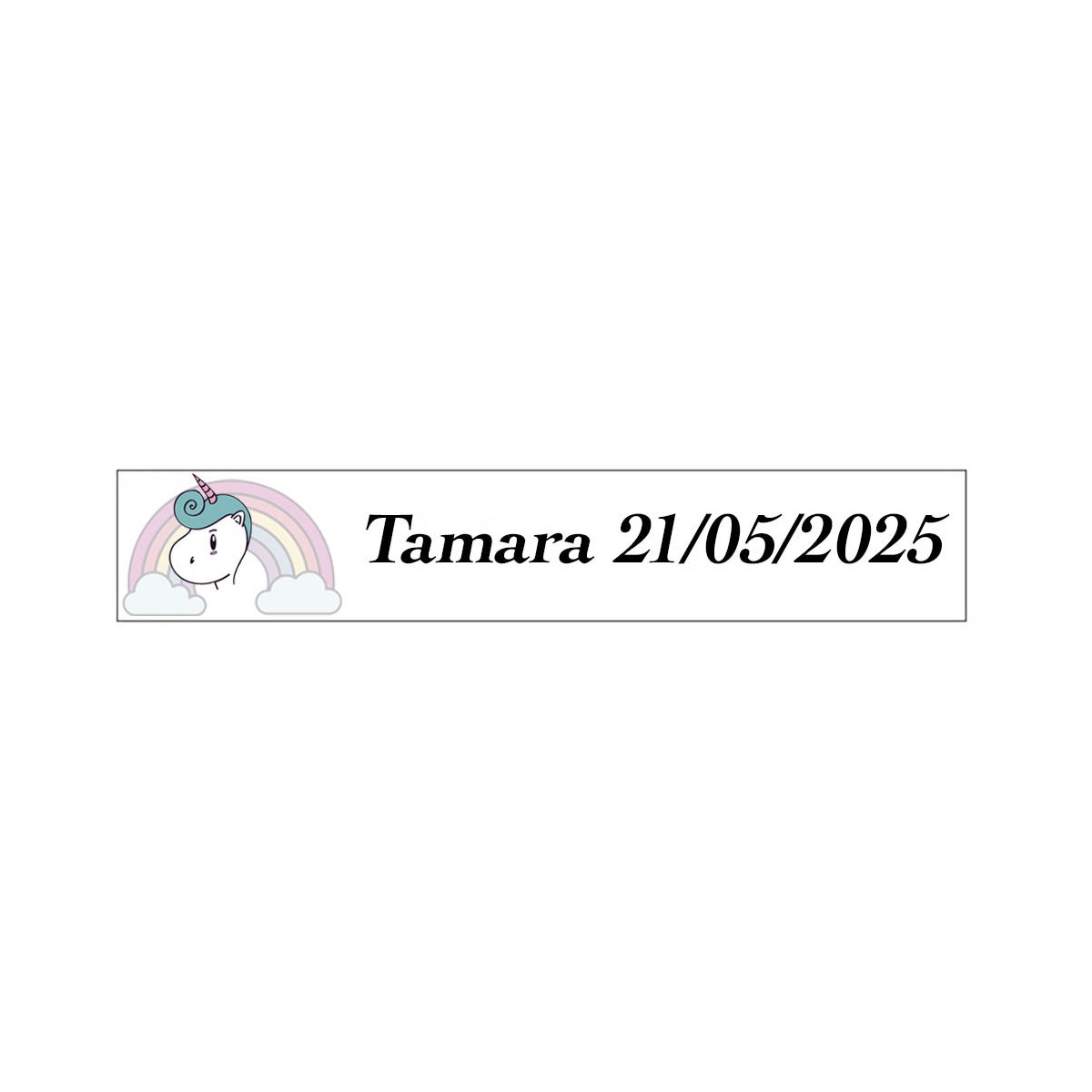 Sticker licorne arc en ciel rectangulaire personnalisé avec nom et date