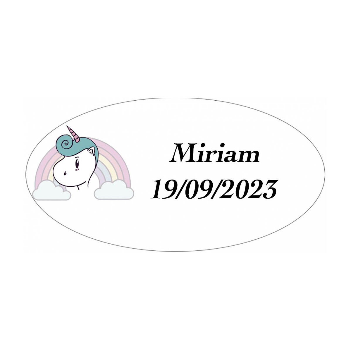 Autocollant licorne arc en ciel ovale personnalisé avec nom et date