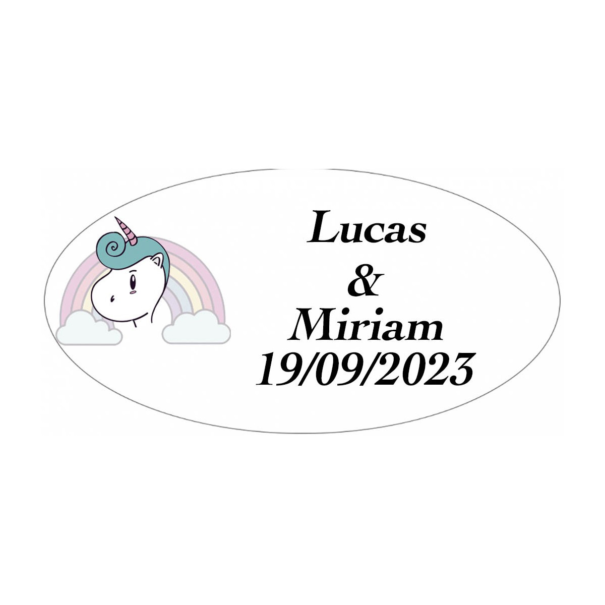 Autocollant de mariage personnalisé ovale licorne arc-en-ciel