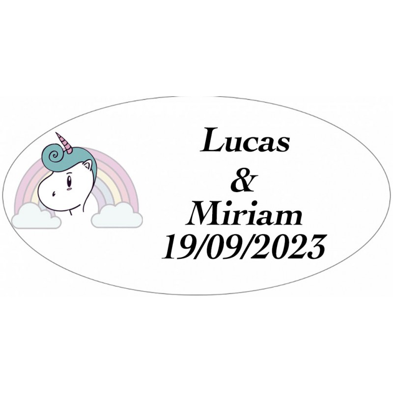 Autocollant de mariage personnalisé ovale licorne arc-en-ciel