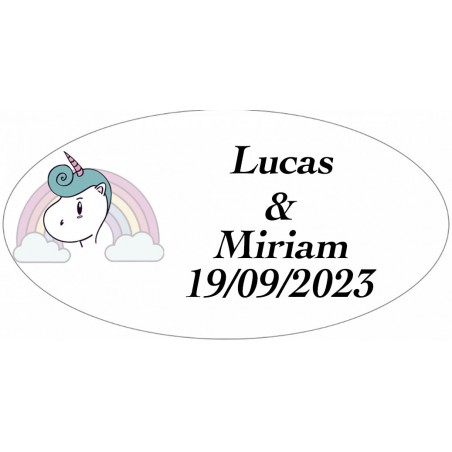 Sticker licorne arc en ciel ovale personnalisé pour mariages