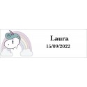 Autocollant licorne arc-en-ciel rectangulaire personnalisé avec nom et date pour mariages, baptêmes, communions, anniversaires