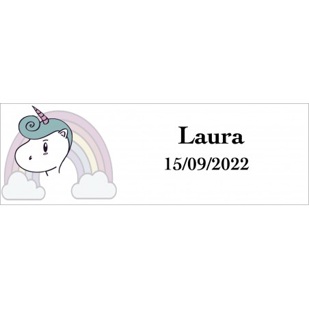 Autocollant licorne arc-en-ciel rectangulaire personnalisé avec nom et date pour mariages, baptêmes, communions, anniversaires