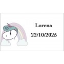 Autocollant licorne arc-en-ciel personnalisé avec le nom et la date