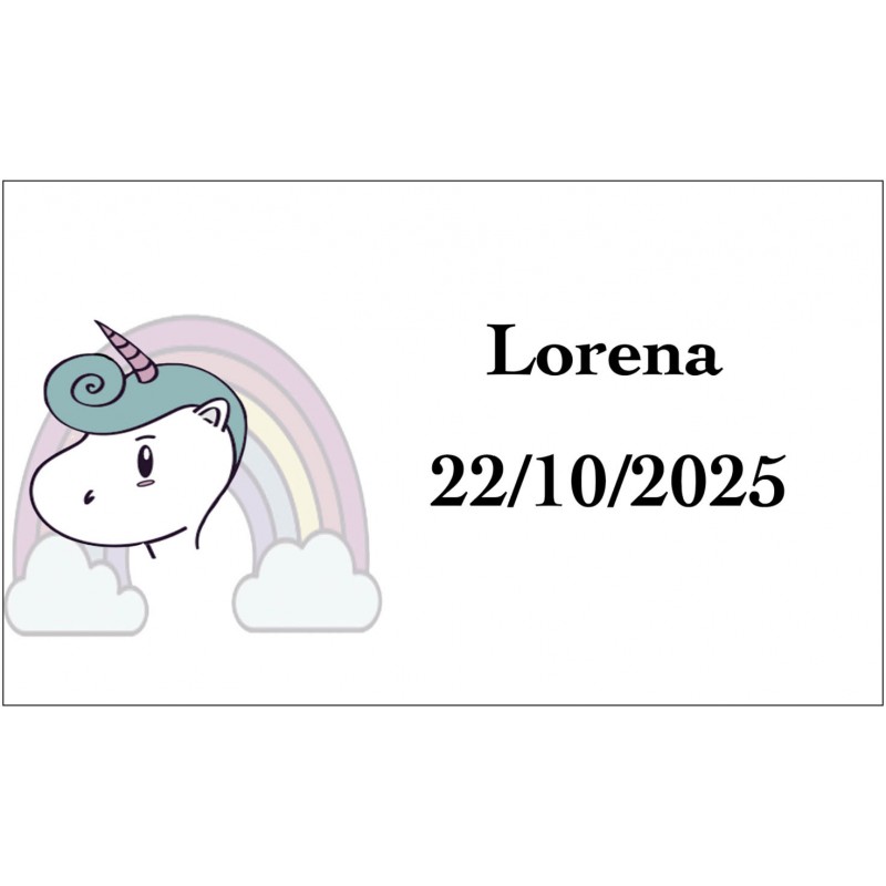 Autocollant licorne arc-en-ciel personnalisé avec le nom et la date