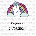 Autocollant licorne arc-en-ciel carré personnalisé avec nom et date pour mariages, baptêmes, anniversaires, communions et