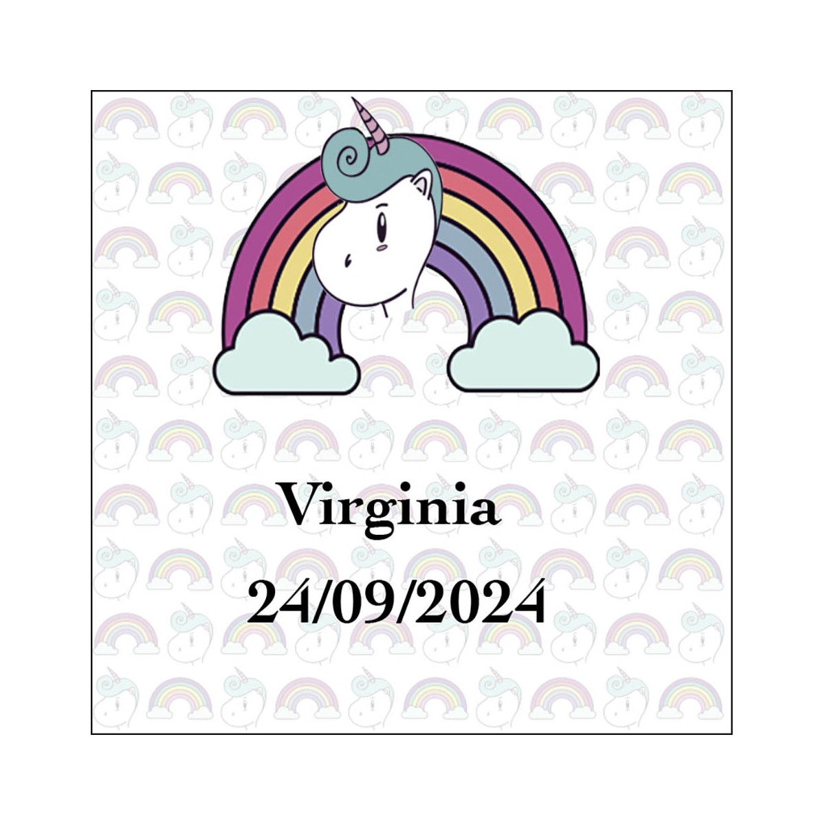 Autocollant licorne arc-en-ciel carré personnalisé avec nom et date pour mariages, baptêmes, anniversaires, communions et