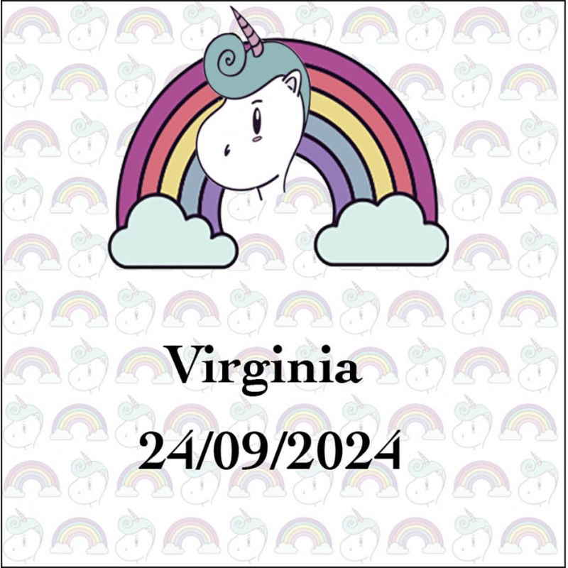 Autocollant licorne arc-en-ciel carré personnalisé avec nom et date pour mariages, baptêmes, anniversaires, communions et