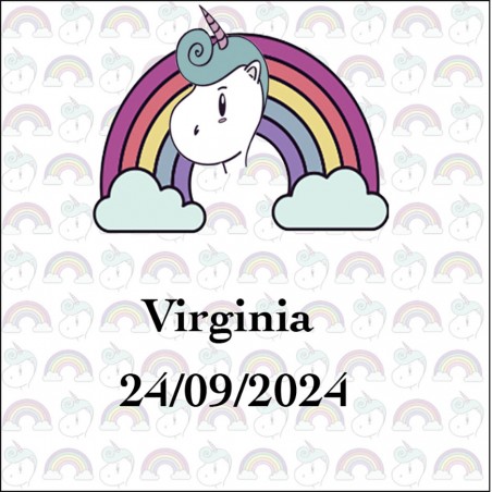 Autocollant licorne arc-en-ciel carré personnalisé avec nom et date pour mariages, baptêmes, anniversaires, communions et