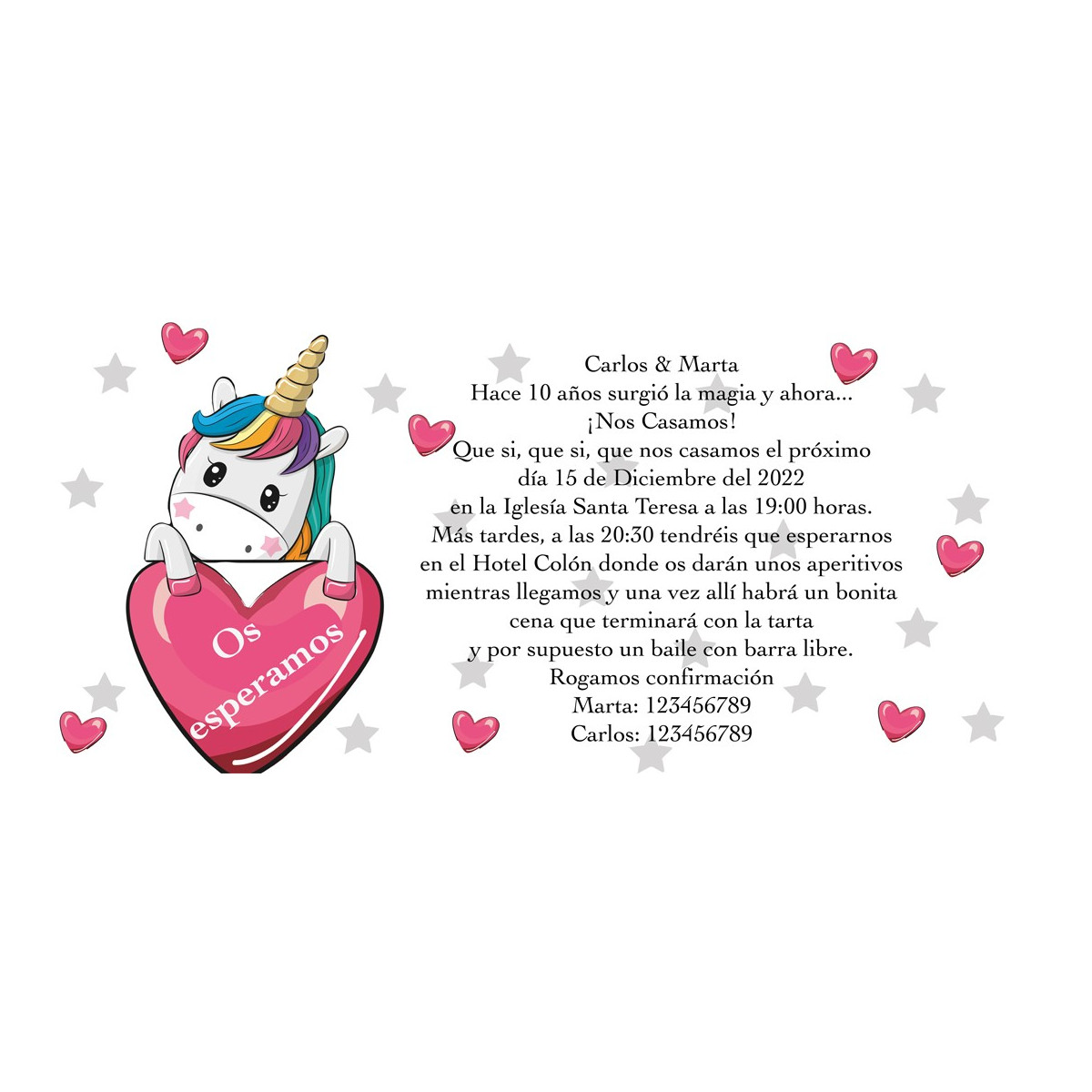 Invitation de coeurs de licorne personnalisée pour les mariages