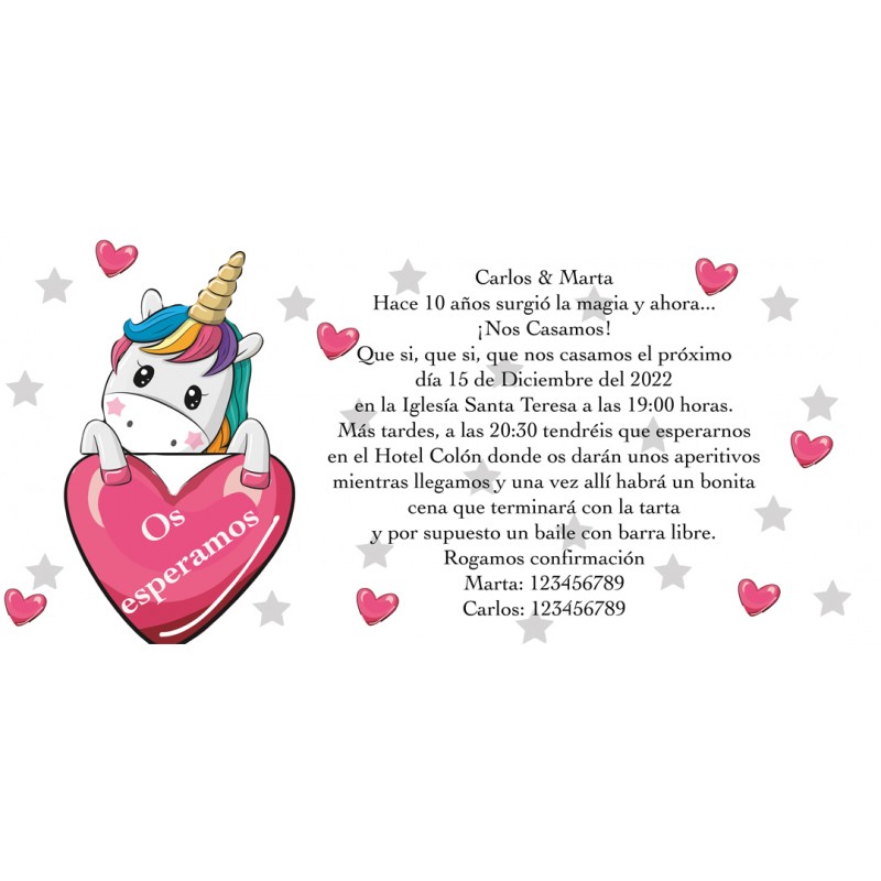 Invitation de coeurs de licorne personnalisée pour les mariages