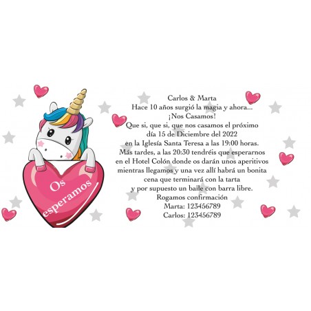 Invitation de coeurs de licorne personnalisée pour les mariages