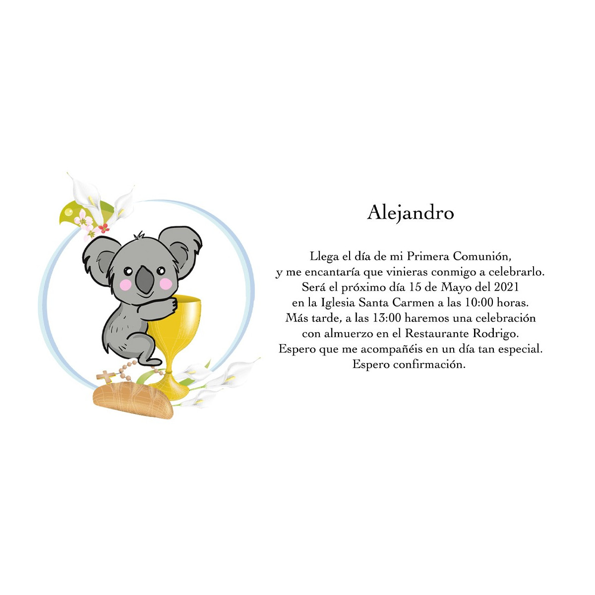 Invitation koala personnalisée pour communion
