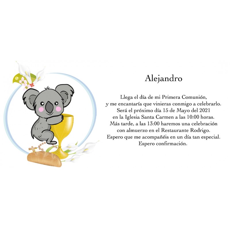 Invitation koala personnalisée pour communion