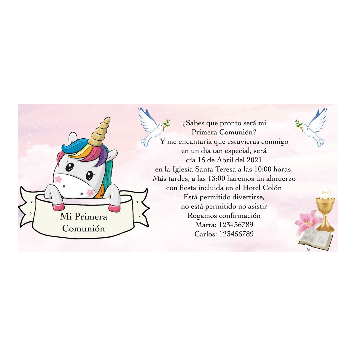 Invitation licorne pour une communion personnalisée