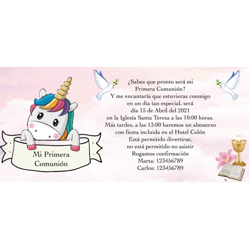 Invitation licorne pour une communion personnalisée