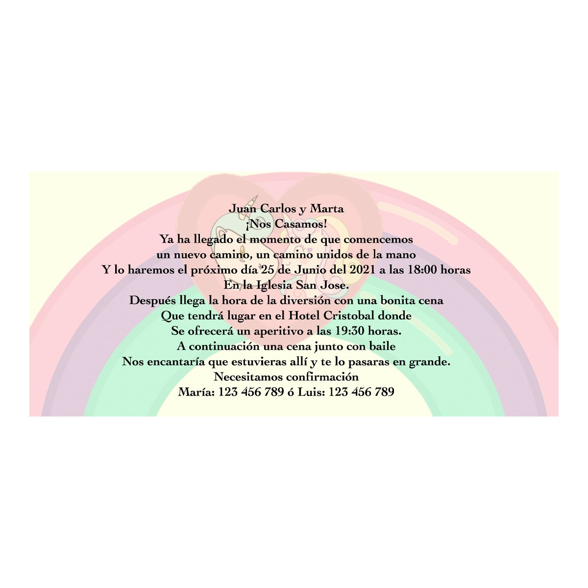 Invitation de licorne arc en ciel personnalisée pour les mariages