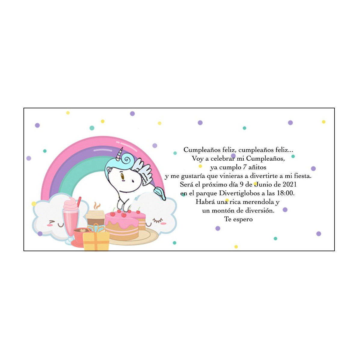 Invitation licorne arc en ciel personnalisée pour anniversaire
