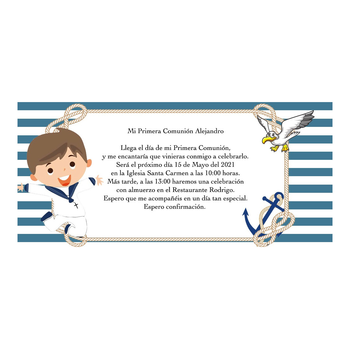 Invitation de communion de marin personnalisé