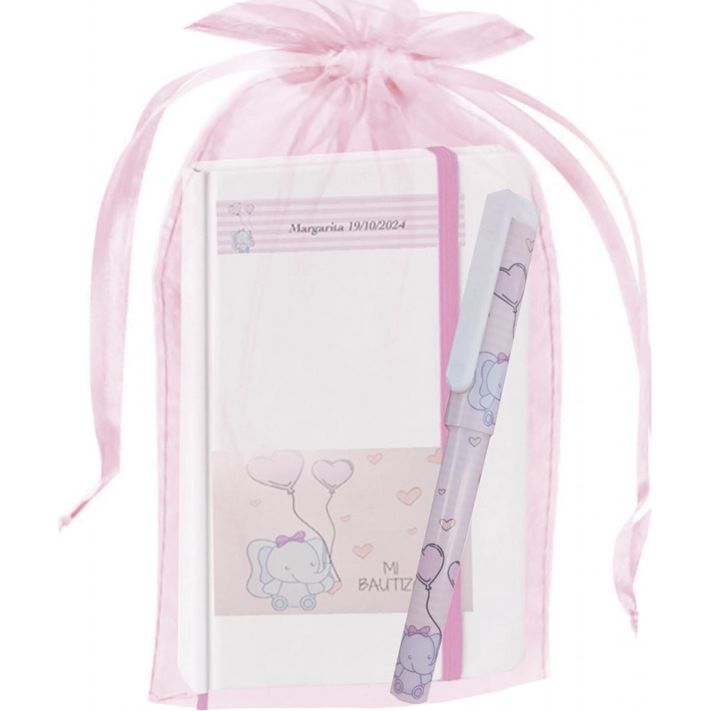 Cahier éléphant Personnalisé Avec Stylo Et Sac De Baptême En Organza Cahier éléphant Personnalisé Avec Stylo Et Sac De Baptême En Organza